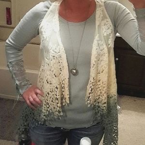 BKE Vest Lace Flowy Cream Ivory & Mint Green Teal, Like New, XS, Crochet